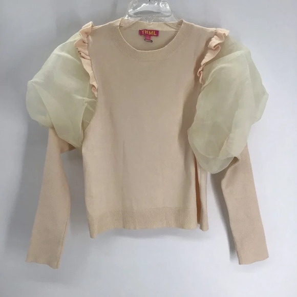 T H M L Women’s Sheer Puff Sleeve Sweater Top Creme NWOT Size Small - Picture 3 of 8